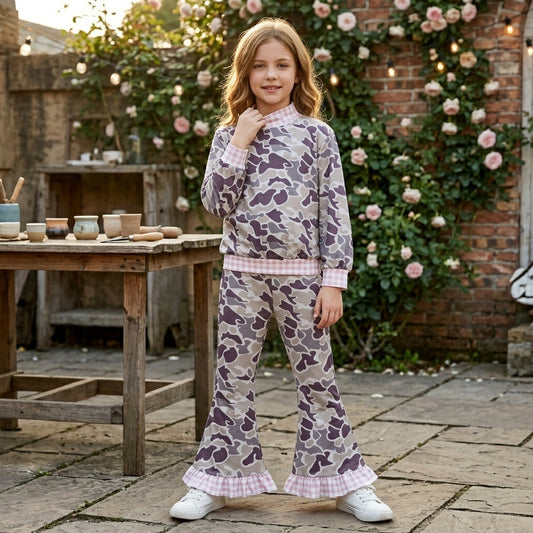 NO MOQ RTS P1184 Baby Girl Clothes Purple Camo Print Pink Gingham Ruffle Flare Pants 202610