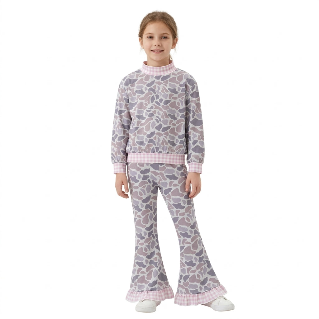 NO MOQ RTS GLP3737 Baby Girl Clothes Grey Cow Camo Pink Gingham Trim Print Long Sleeve Top Flare Pant Set 202610