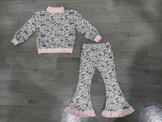 Sample-Real Pics GLP3737 Baby Girl Clothes Grey Cow Camo Print Long Sleeve Mock Neck Top Flare Pant Set