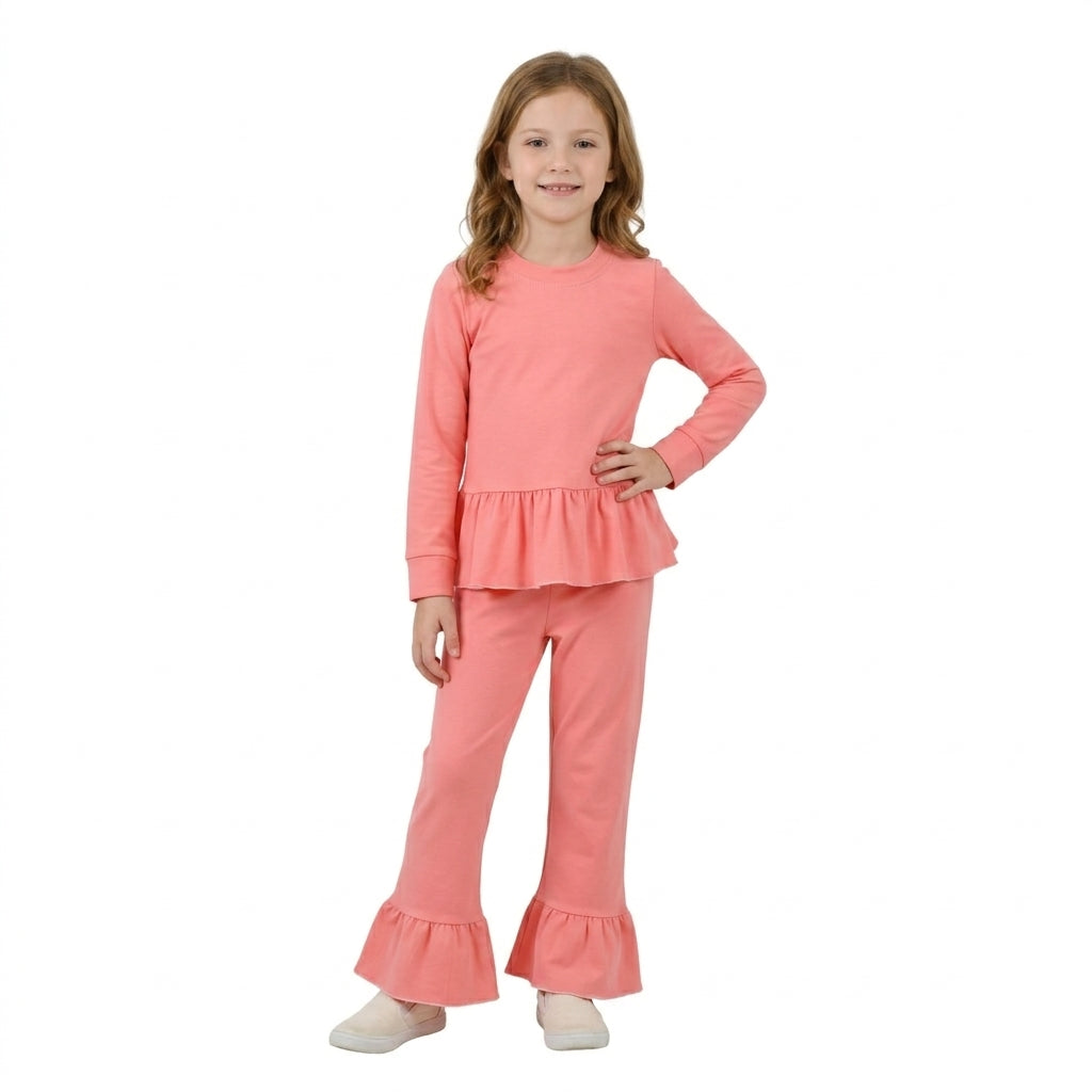 NO MOQ RTS GLP3746 Baby Girl Clothes Solid Pink Ruffle Hem Long Sleeve Top Flare Pant Set 202610