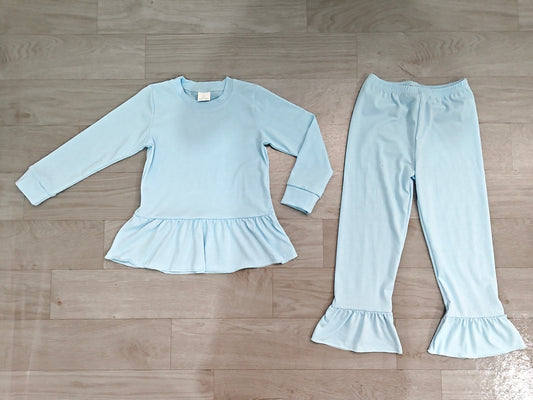 Sample-Real Pics GLP3748 Baby Girl Clothes Solid Light Blue Plain Print Long Sleeve Ruffle Tunic Top & Flare Pant Set