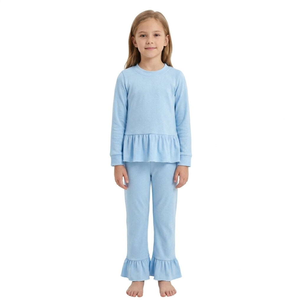 NO MOQ RTS GLP3748 (2) Baby Girl Clothes Solid Light Blue Ruffle Hem Long Sleeve Top Flare Pant Set 202610