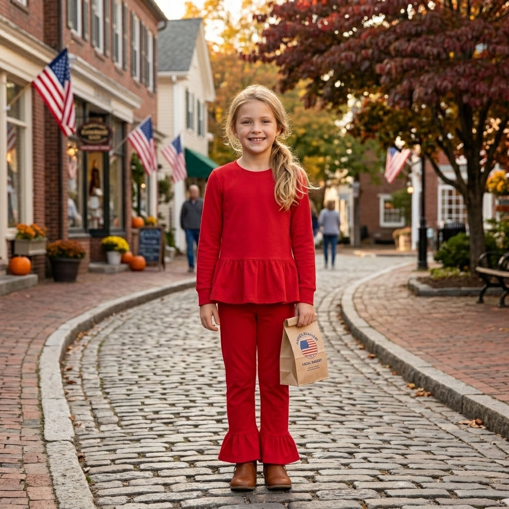 NO MOQ RTS GLP3749 Girl Clothes Solid Red Plain Print Long Sleeve Ruffle Hem Top Flare Pants Set 202610
