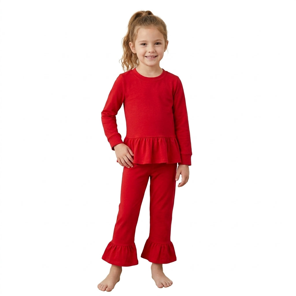 NO MOQ RTS GLP3749 Girl Clothes Solid Red Plain Print Long Sleeve Ruffle Hem Top Flare Pants Set 202610