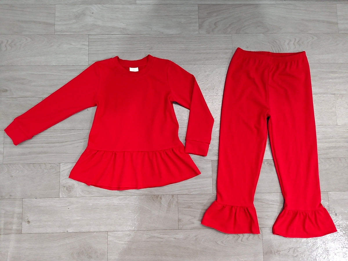 Sample-Real Pics GLP3749 Baby Girl Clothes Solid Red Plain Print Long Sleeve Ruffle Tunic Top & Flare Pant Set