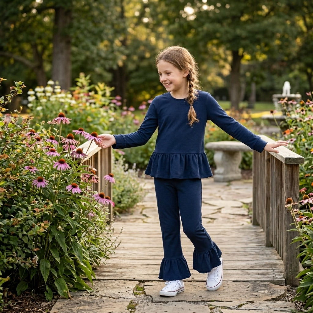 NO MOQ RTS GLP3750 (2) Baby Girl Clothes Solid Navy Ruffle Hem Long Sleeve Top Flare Pant Set 202610