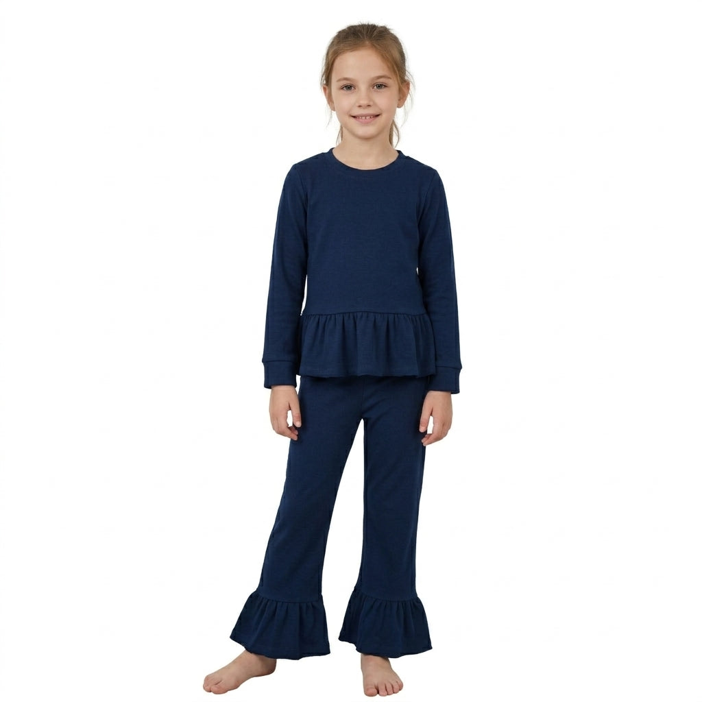 NO MOQ RTS GLP3750 (2) Baby Girl Clothes Solid Navy Ruffle Hem Long Sleeve Top Flare Pant Set 202610