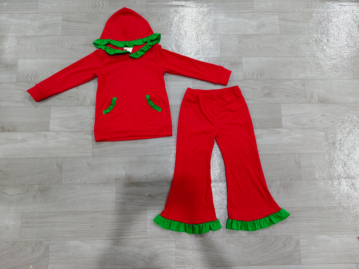 Sample-Real Pics GLP3751 Baby Girl Clothes Solid Red With Green Ruffle Trim Print Long Sleeve Hoodie Flare Pant Set