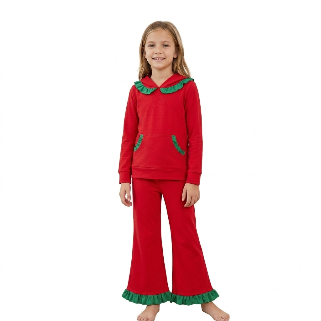 NO MOQ RTS GLP3751 (2) Baby Girl Clothes Christmas Red Green Ruffle Hooded Long Sleeve Top Flare Pant Set 202610