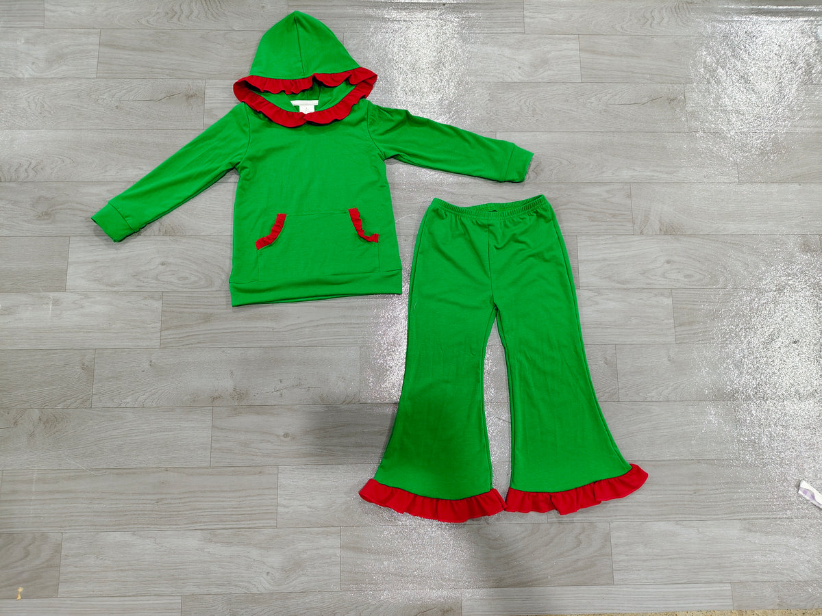 Sample-Real Pics GLP3752 Baby Girl Clothes Solid Green With White Piping Print Long Sleeve Ruffle Pajama Set