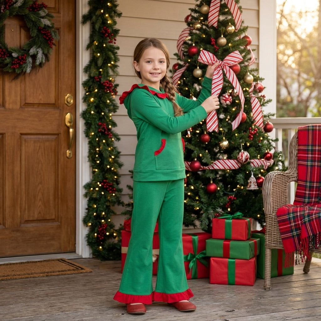 NO MOQ RTS GLP3752 Baby Girl Clothes Christmas Green Red Ruffle Hooded Long Sleeve Flare Pant Set 202610