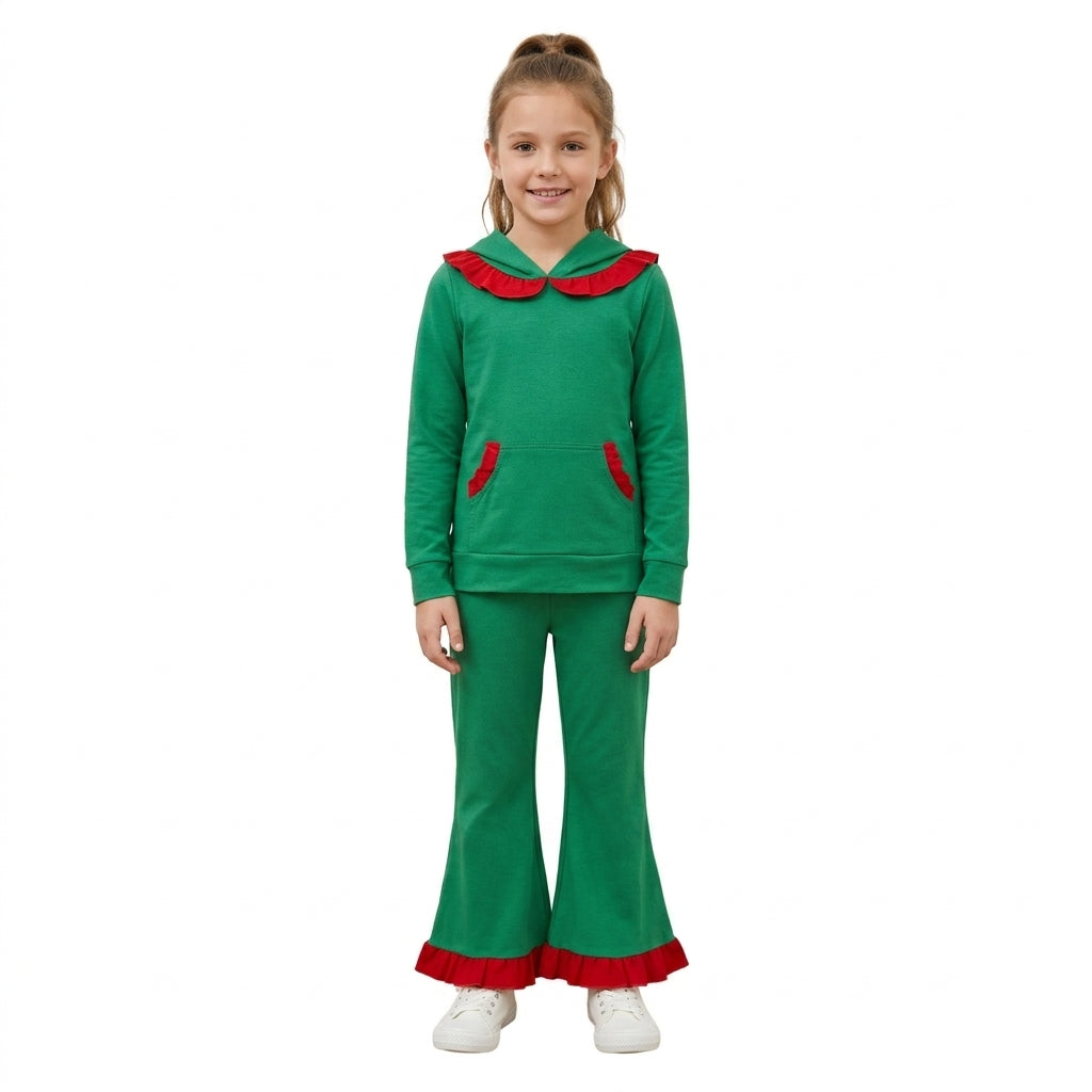 NO MOQ RTS GLP3752 Baby Girl Clothes Christmas Green Red Ruffle Hooded Long Sleeve Flare Pant Set 202610