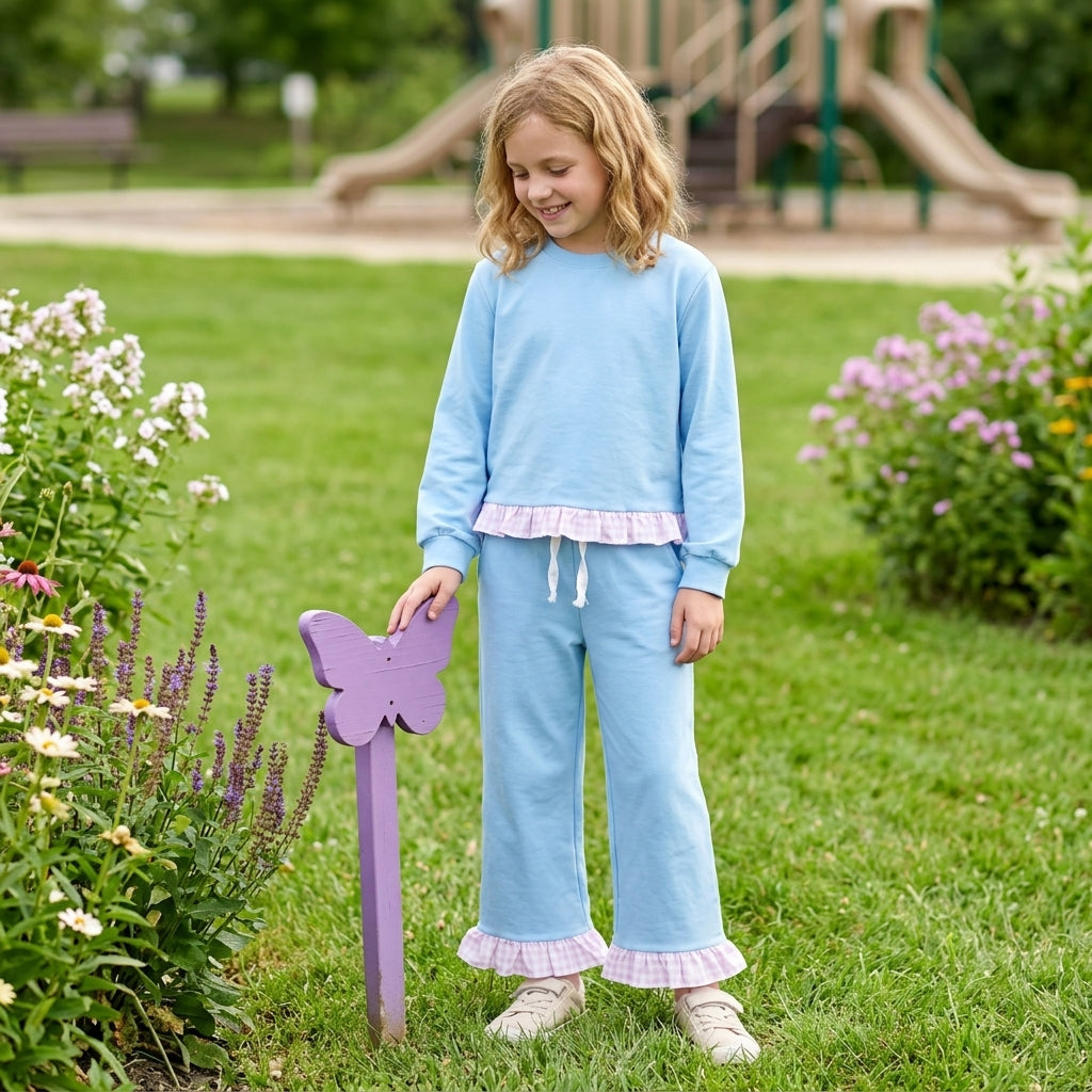 NO MOQ RTS GLP3753 Baby Girl Clothes Solid Light Blue Plain Print Long Sleeve Gingham Ruffle Trim Wide Leg Pant Set 202610