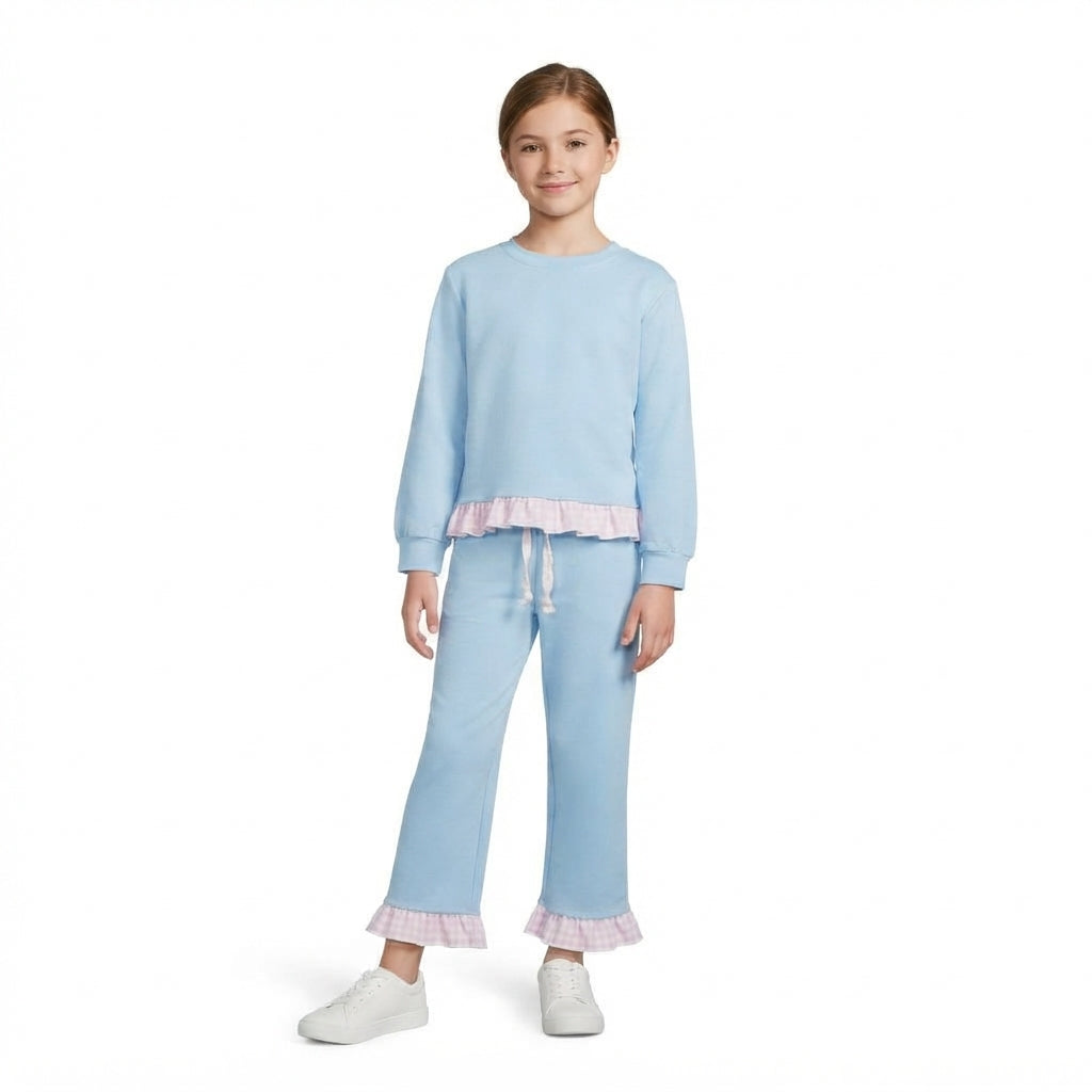 NO MOQ RTS GLP3753 Baby Girl Clothes Solid Light Blue Plain Print Long Sleeve Gingham Ruffle Trim Wide Leg Pant Set 202610