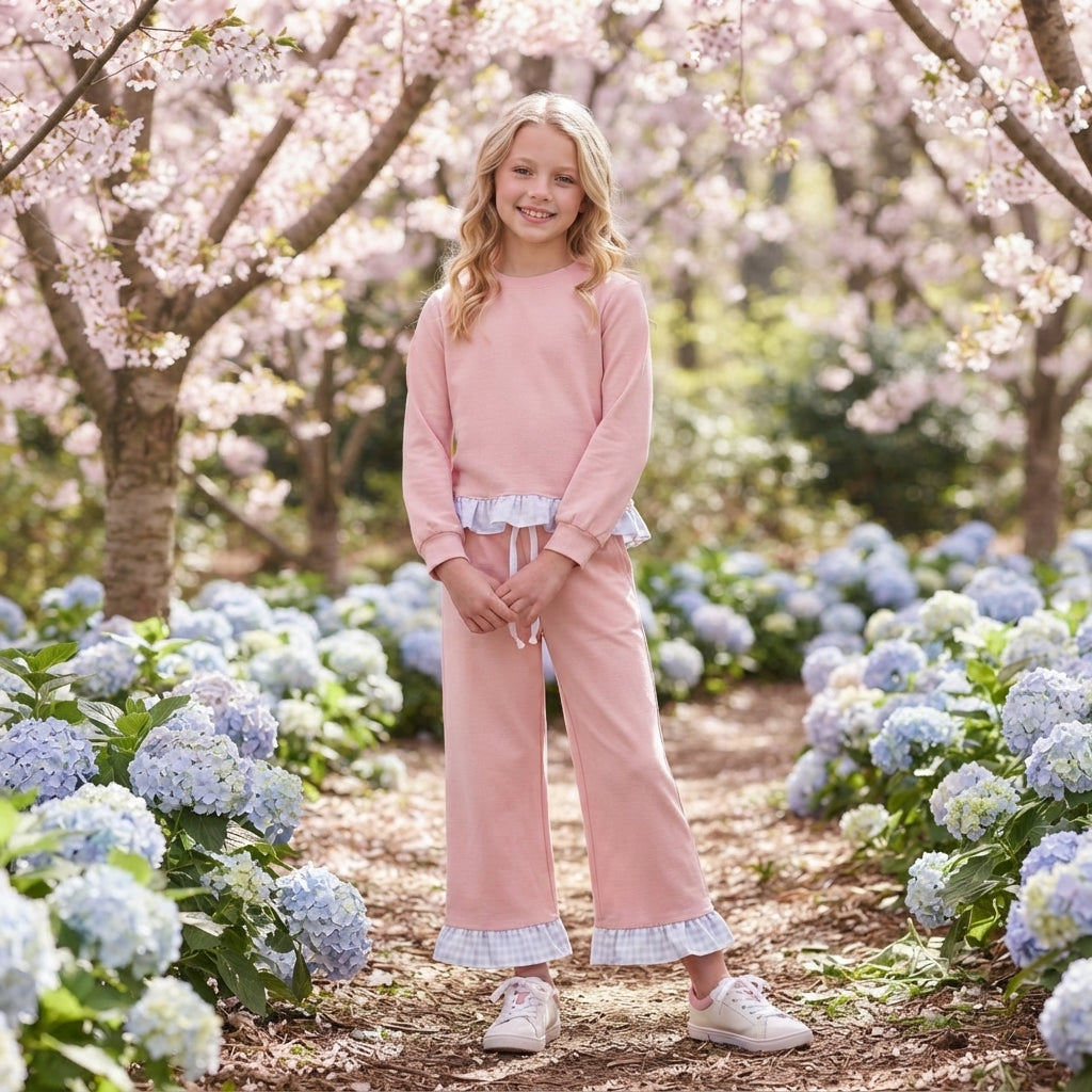 NO MOQ RTS GLP3754 Baby Girl Clothes Solid Pink Gingham Ruffle Plain Long Sleeve Pant Outfit Set 202610