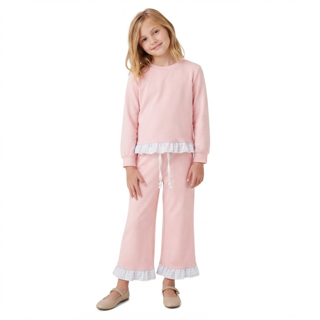 NO MOQ RTS GLP3754 Baby Girl Clothes Solid Pink Gingham Ruffle Plain Long Sleeve Pant Outfit Set 202610