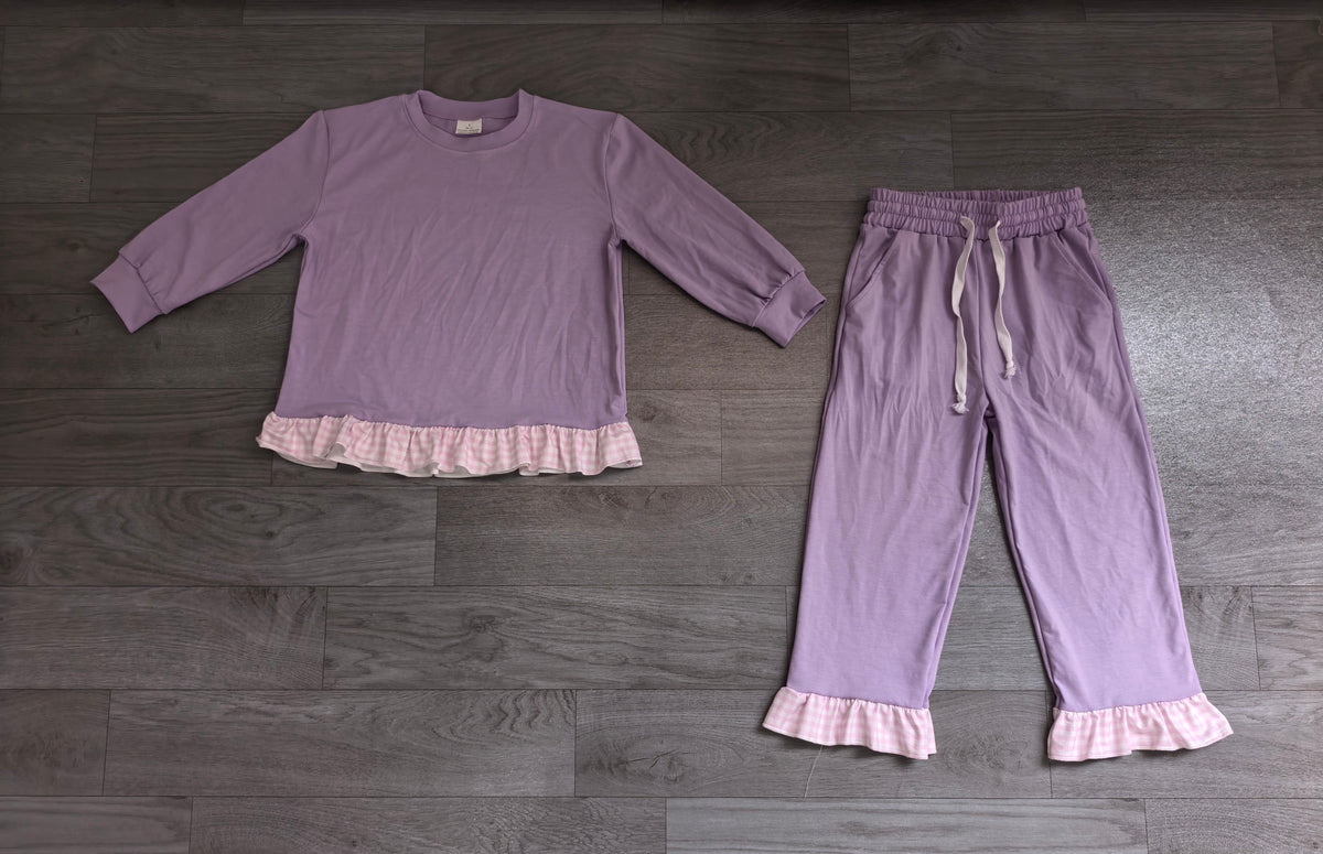 Sample-Real Pics GLP3755 Baby Girl Clothes Gingham Ruffle Trim Solid Plain Print Long Sleeve Flare Pant Set