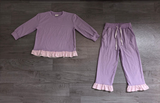 Sample-Real Pics GLP3755 Baby Girl Clothes Gingham Ruffle Trim Solid Plain Print Long Sleeve Flare Pant Set