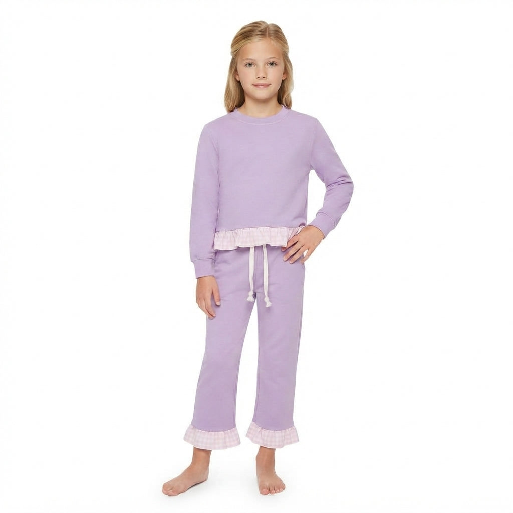 NO MOQ RTS GLP3755 Baby Girl Clothes Solid Purple Mix Gingham Ruffle Print Long Sleeve Top Pant Set 202610
