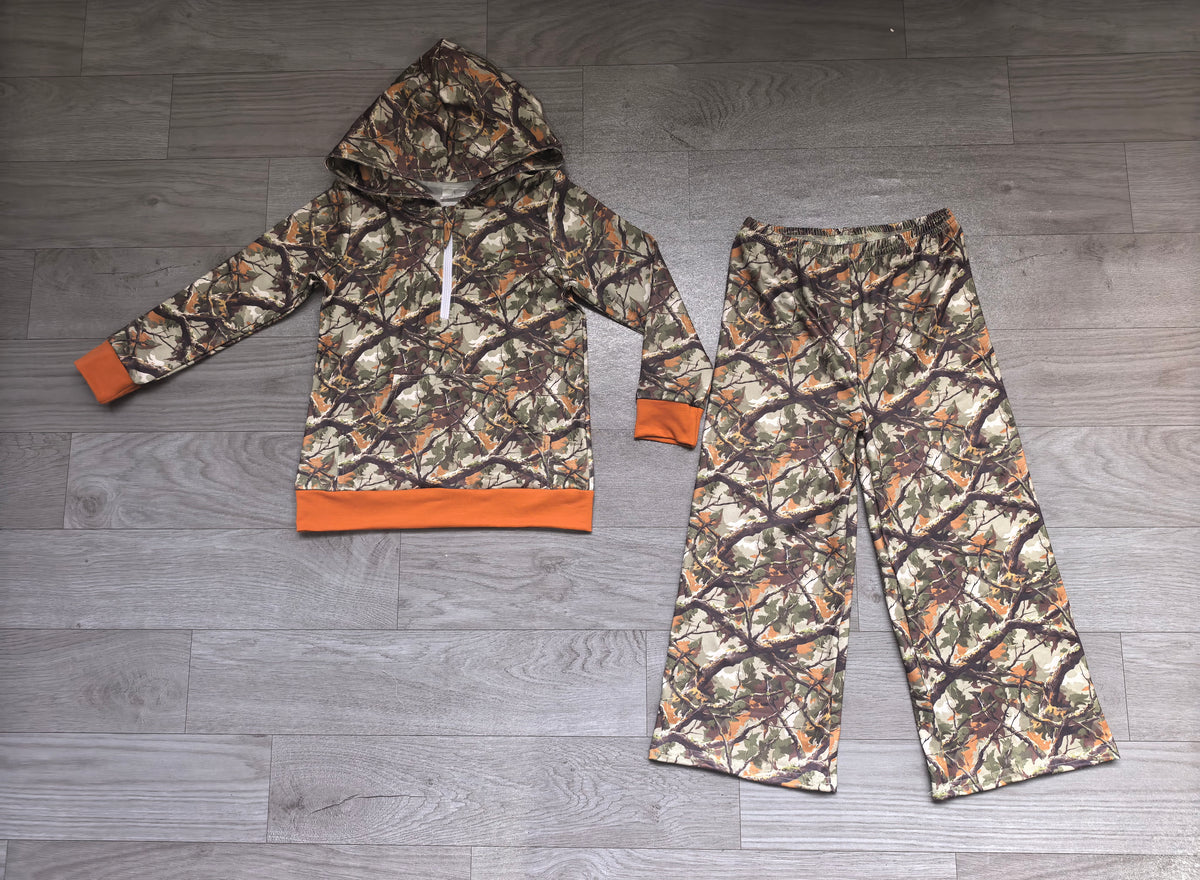 Sample-Real Pics GLP3766 Baby Boy Clothes Tree Camo Hunting Print Long Sleeve Half Zip Hoodie Wide Leg Pant Set