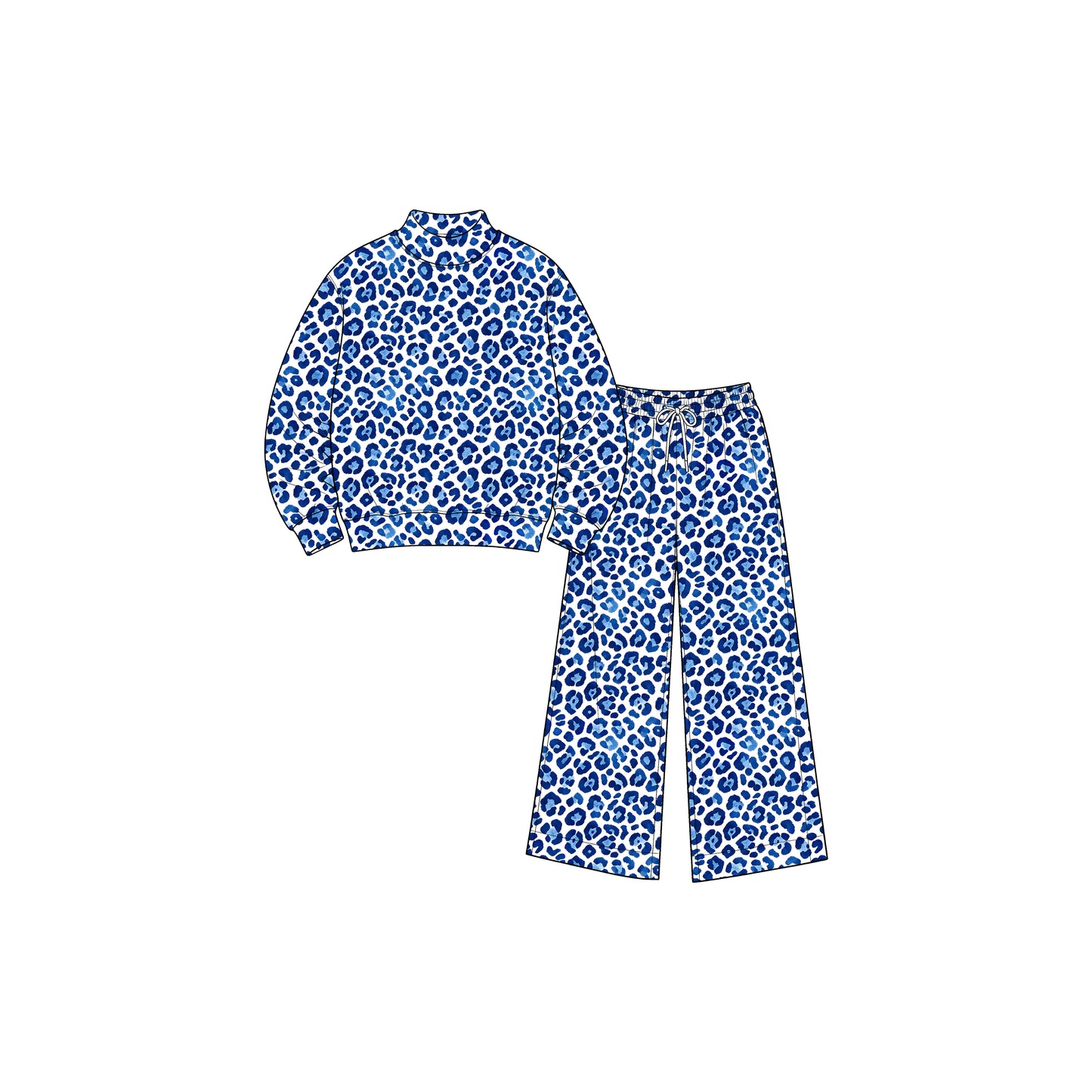 preorder GLP3812 Blue Leopard Print Girls Yoga Set – 2 Piece Stretch Pullover & Wide Leg Pants Active Outfit