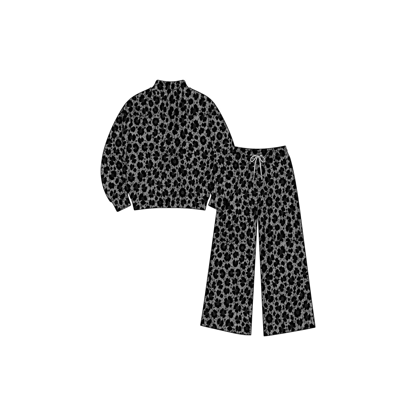 preorder GLP3813 Black Leopard Print Girls Yoga Set – 2 Piece Mock Neck Top & Wide Leg Pants Active Outfit