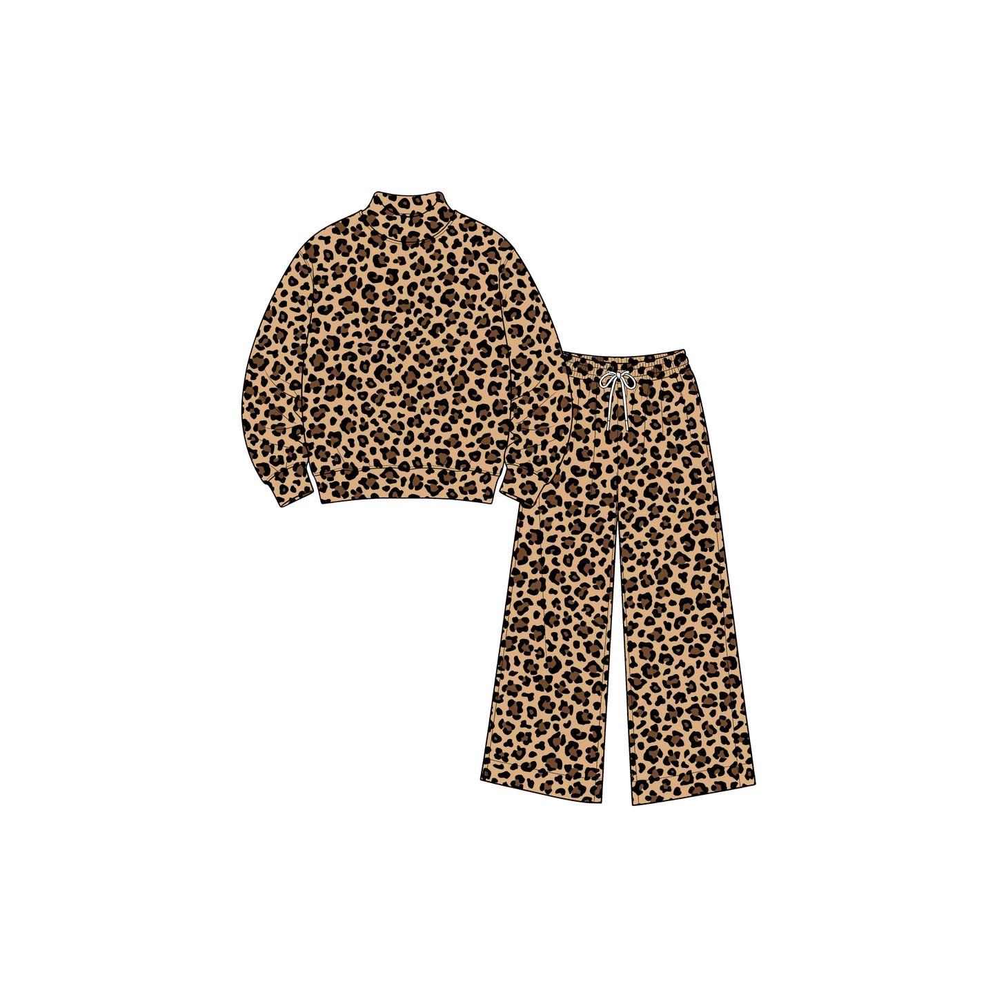 preorder GLP3814 Brown Leopard Print Girls Yoga Set – 2 Piece Stretch Pullover & Wide Leg Pants Outfit