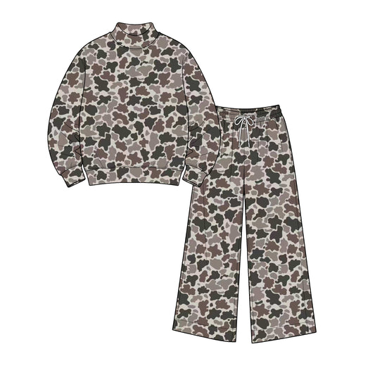 Preorder GLP3819 Grey Brown Leopard Camo Women’s Yoga Set – 2 Piece Stretch Pullover & Wide Leg Pants Loungewear