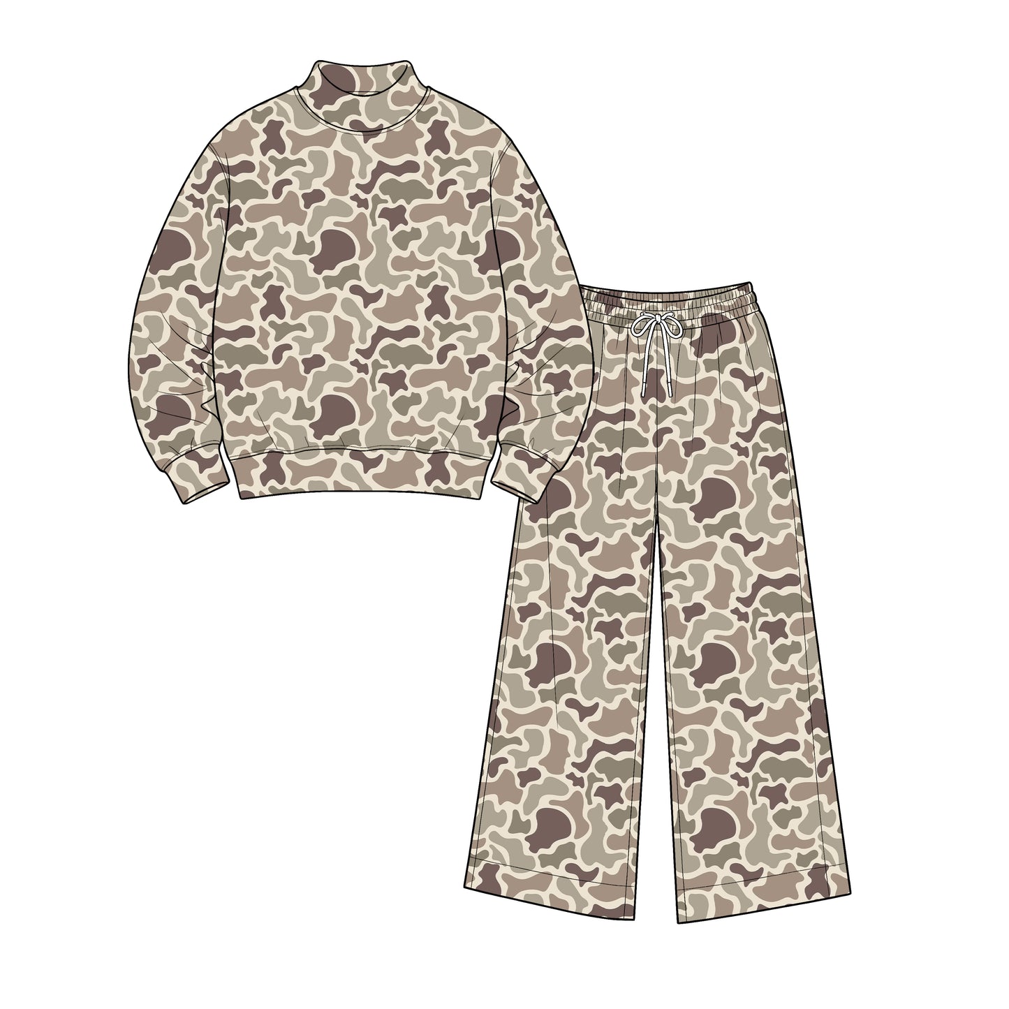 Preorder GLP3820 Beige Stone Camo Women’s Yoga Set – 2 Piece Mock Neck Top & Wide Leg Pants Lounge Activewear