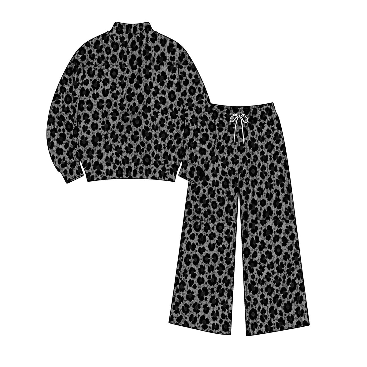 Preorder GLP3823 Black Leopard Print Women’s Yoga Set – 2 Piece Mock Neck Top & Wide Leg Pants Lounge Activewear