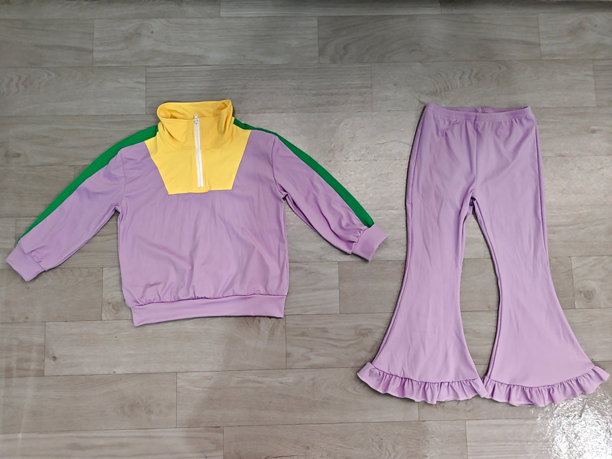 Sample-Real Pics GLP3828 Baby Girl Clothes Color Block Solid Print Long Sleeve Half Zip Top & Ruffle Flare Pant Set