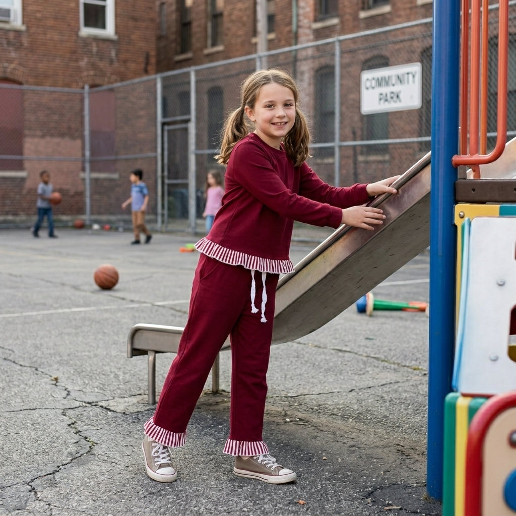 NO MOQ RTS GLP3829 Baby Girl Clothes Solid Burgundy Red Stripe Ruffle Trim Long Sleeve Top Pant Outfit Set 202610