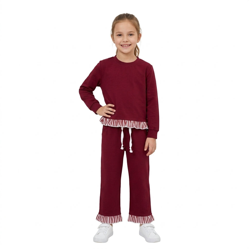 NO MOQ RTS GLP3829 Baby Girl Clothes Solid Burgundy Red Stripe Ruffle Trim Long Sleeve Top Pant Outfit Set 202610