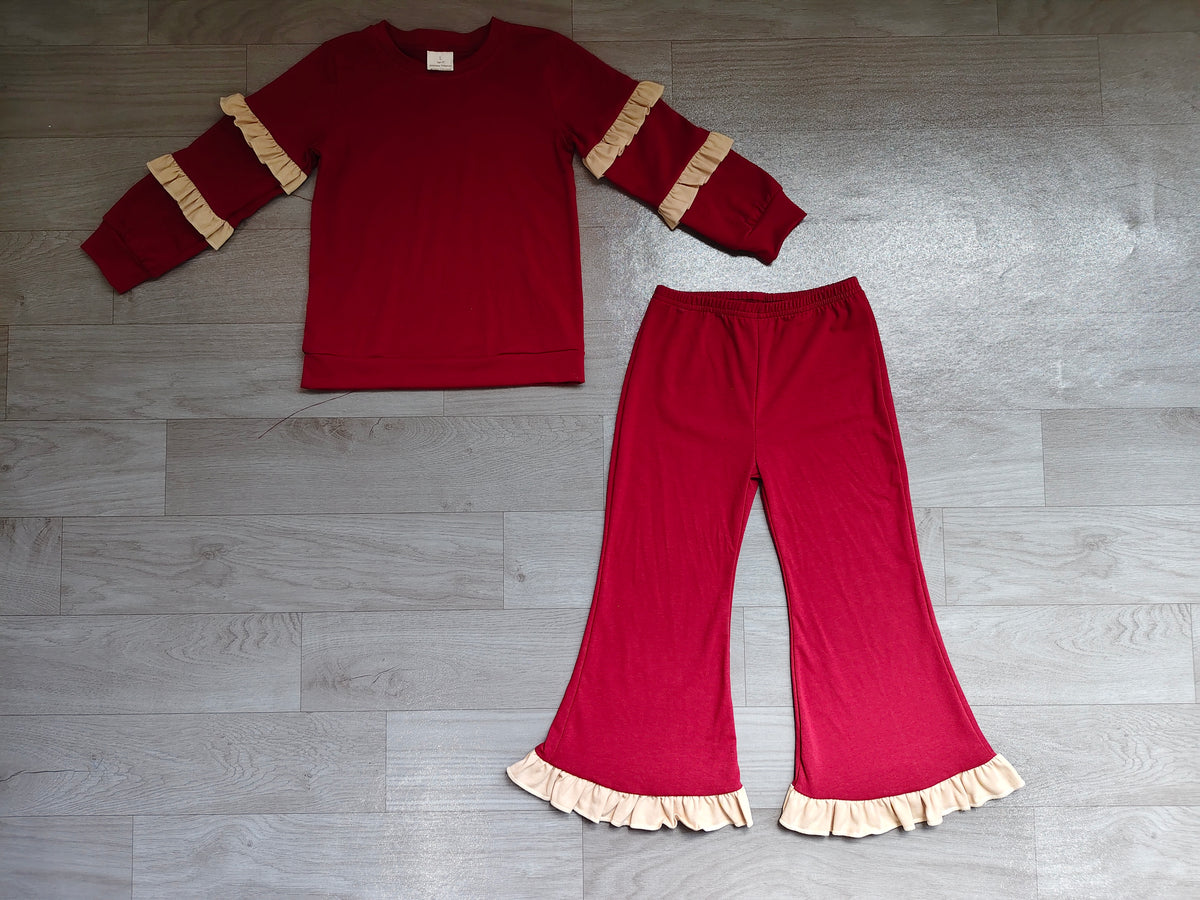 Sample-Real Pics GLP3843 Baby Girl Clothes Solid Striped Sleeve Print Long Sleeve Ruffle Flare Pant Set
