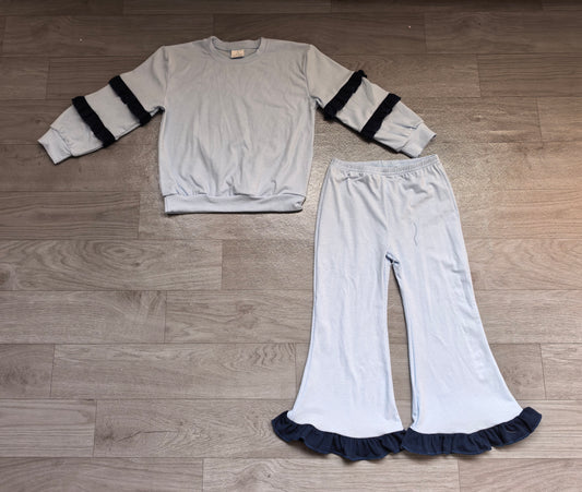 Sample-Real Pics GLP3844 Baby Girl Clothes Solid Color Contrast Navy Ruffle Print Long Sleeve Flare Pant Set