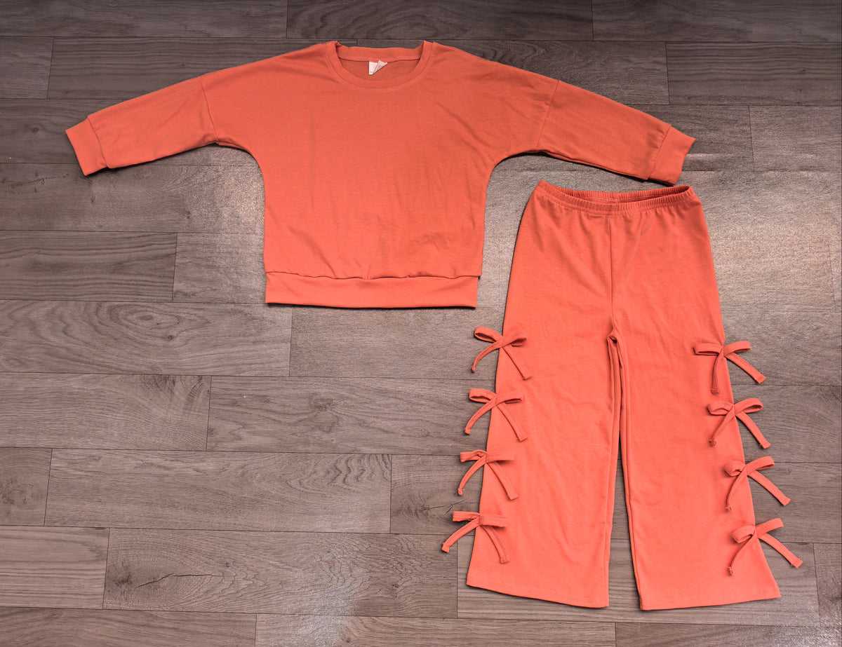 Sample-Real Pics GLP3845 Baby Girl Clothes Solid Orange Plain Long Sleeve Top Side Bow Wide Leg Pant Set