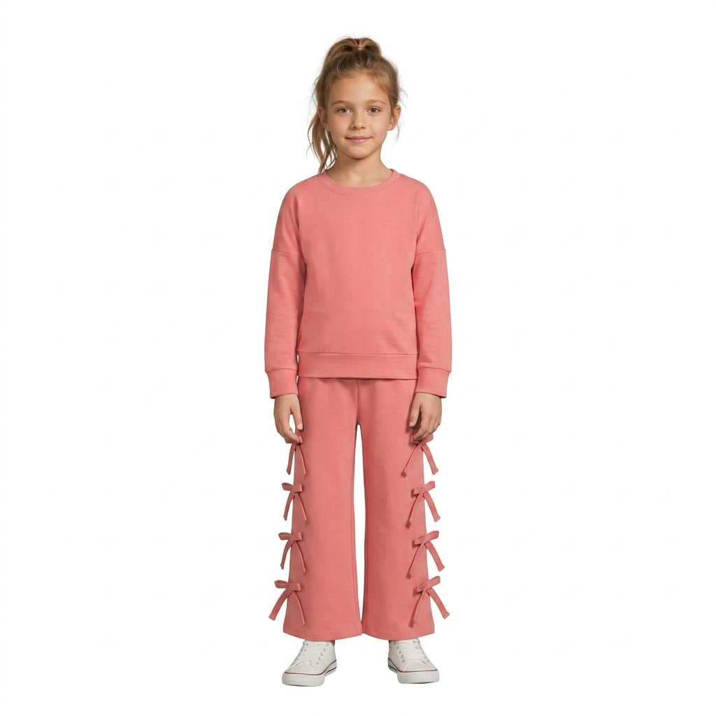 NO MOQ RTS GLP3845 Baby Girl Clothes Solid Dusty Pink Plain Print Long Sleeve Top Bow Detail Wide Leg Pant Set 202610