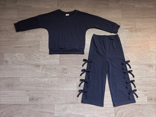 Sample-Real Pics GLP3849 Baby Girl Clothes Solid Navy Plain Print Long Sleeve Crew Neck Top Bow Detail Wide Leg Pant Set