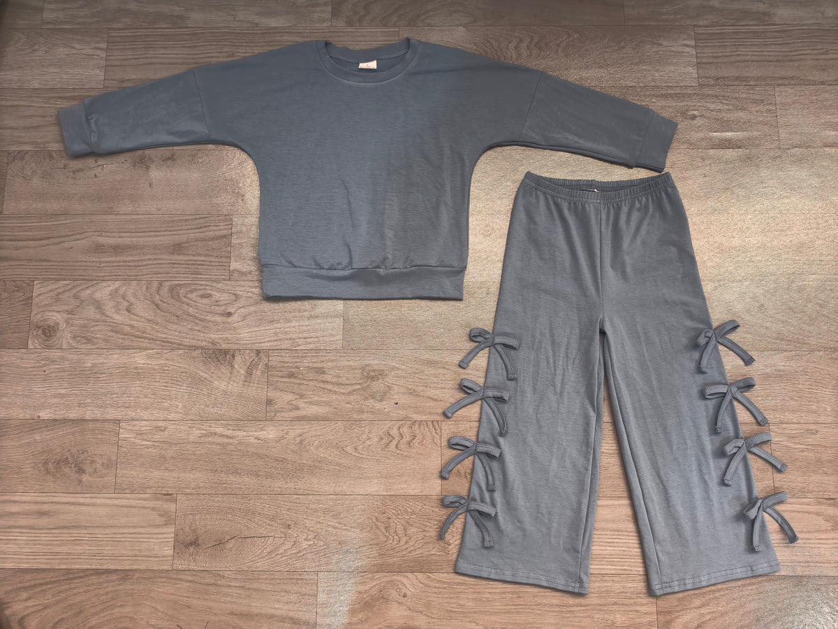 Sample-Real Pics GLP3850 Baby Girl Clothes Solid Gray Plain Long Sleeve Top Side Bow Wide Leg Pant Set