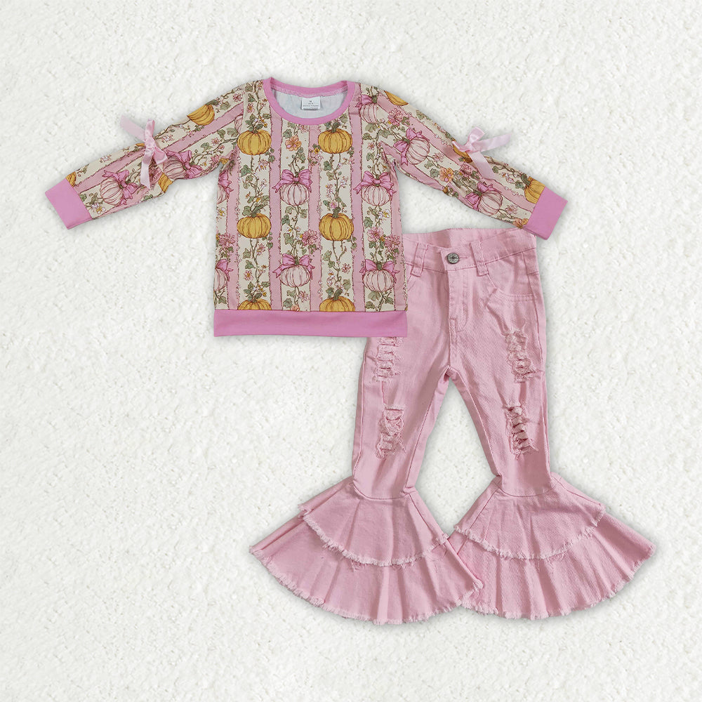 NO MOQ RTS GLP3851-bundle Baby Girl Clothes Pink Pumpkin Bow Stripe Long Sleeve Top Pink Distressed Frayed Flare Pants Set 202609
