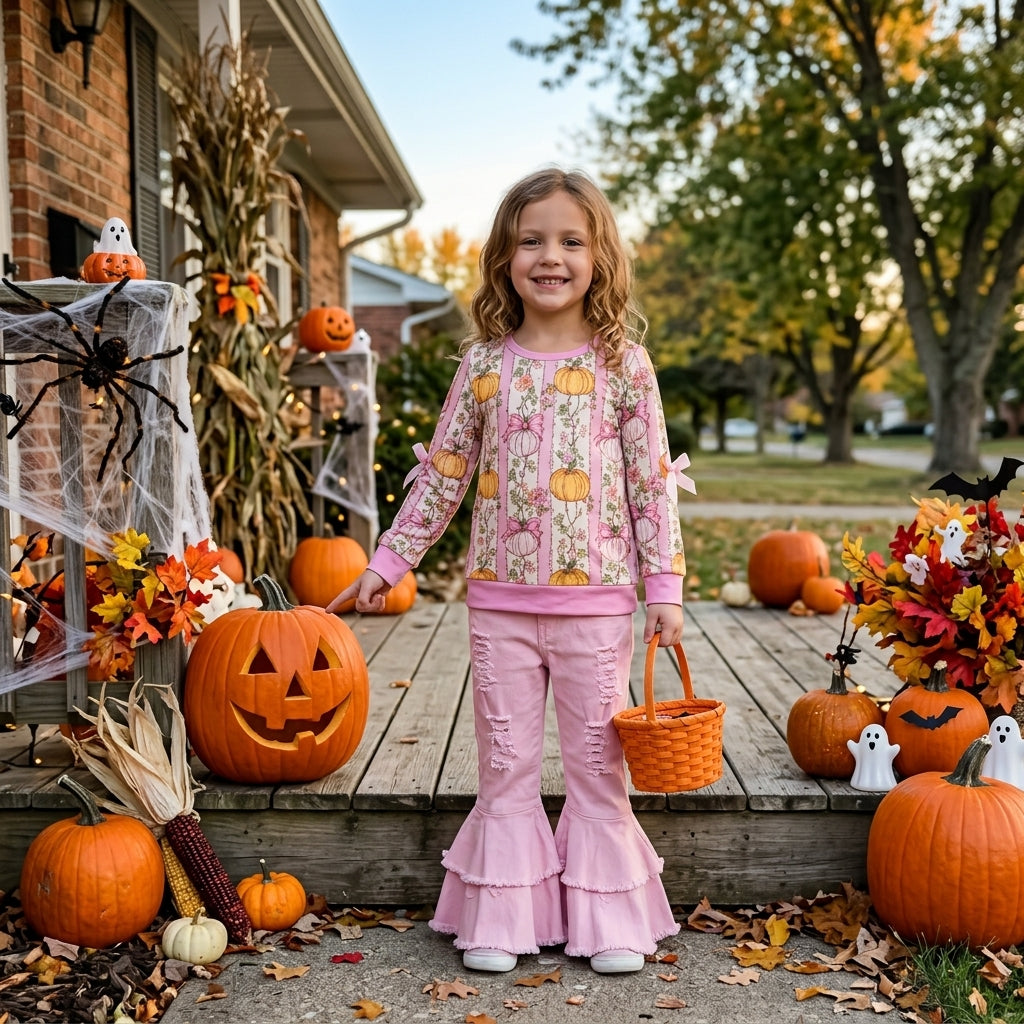 NO MOQ RTS GLP3851-bundle Baby Girl Clothes Pink Pumpkin Bow Stripe Long Sleeve Top Pink Distressed Frayed Flare Pants Set 202609