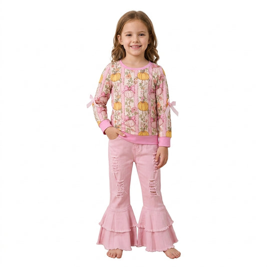 NO MOQ RTS GLP3851-bundle Baby Girl Clothes Pink Pumpkin Bow Stripe Long Sleeve Top Pink Distressed Frayed Flare Pants Set 202609
