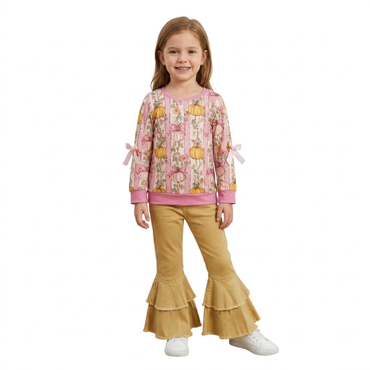 NO MOQ RTS GLP3852-bundle Baby Girl Clothes Pink Pumpkin Bow Floral Print Long Sleeve Top Khaki Fringe Flare Pant Outfit 202609