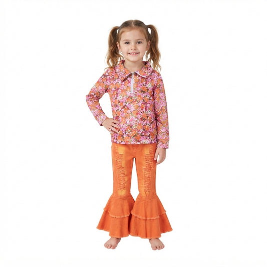 NO MOQ RTS GLP3853-bundle（1）Baby Girl Clothes Autumn Floral Print Long Sleeve Zip Collar Top Orange Ripped Denim Flare Pant Outfit 202609