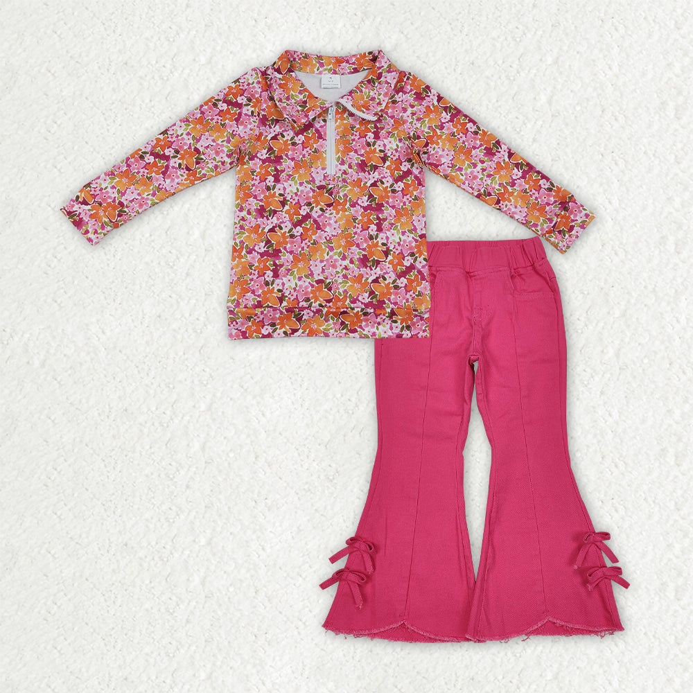 NO MOQ RTS GLP3854-bundle Baby Girl Clothes Autumn Floral Print Long Sleeve Zip Collar Top Hot Pink Bow Flare Pant Outfit 202609