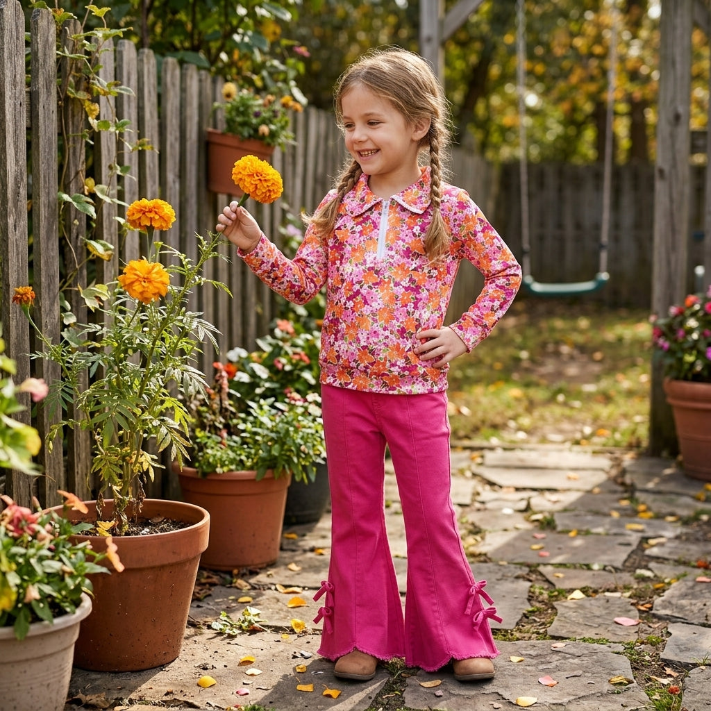 NO MOQ RTS GLP3854-bundle Baby Girl Clothes Autumn Floral Print Long Sleeve Zip Collar Top Hot Pink Bow Flare Pant Outfit 202609