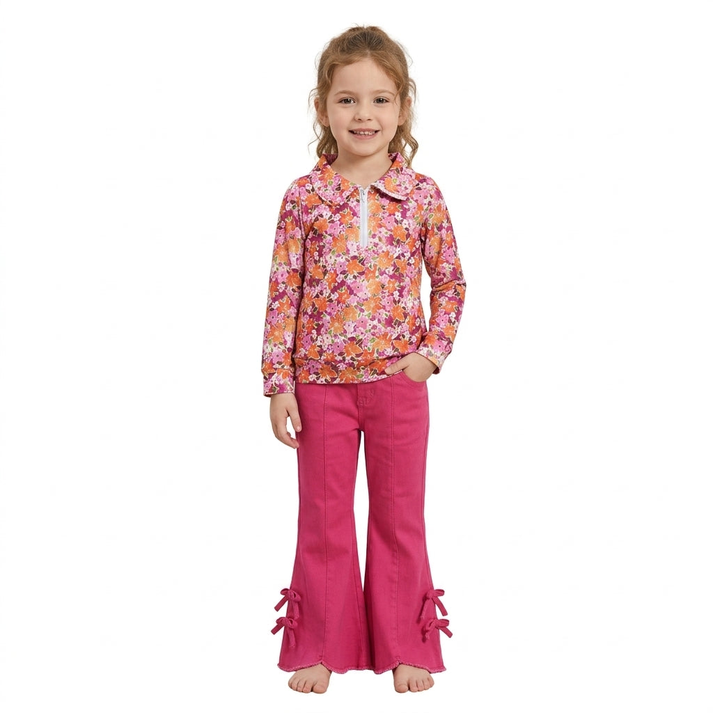NO MOQ RTS GLP3854-bundle Baby Girl Clothes Autumn Floral Print Long Sleeve Zip Collar Top Hot Pink Bow Flare Pant Outfit 202609