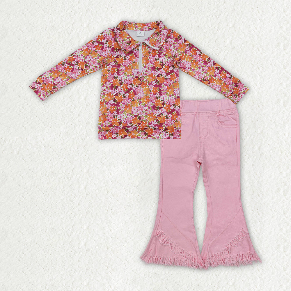 NO MOQ RTS GLP3855-bundle Baby Girl Clothes Pink Orange Floral Print Long Sleeve Half Zip Collar Top Pink Fringe Denim Flare Pant Outfit 202609