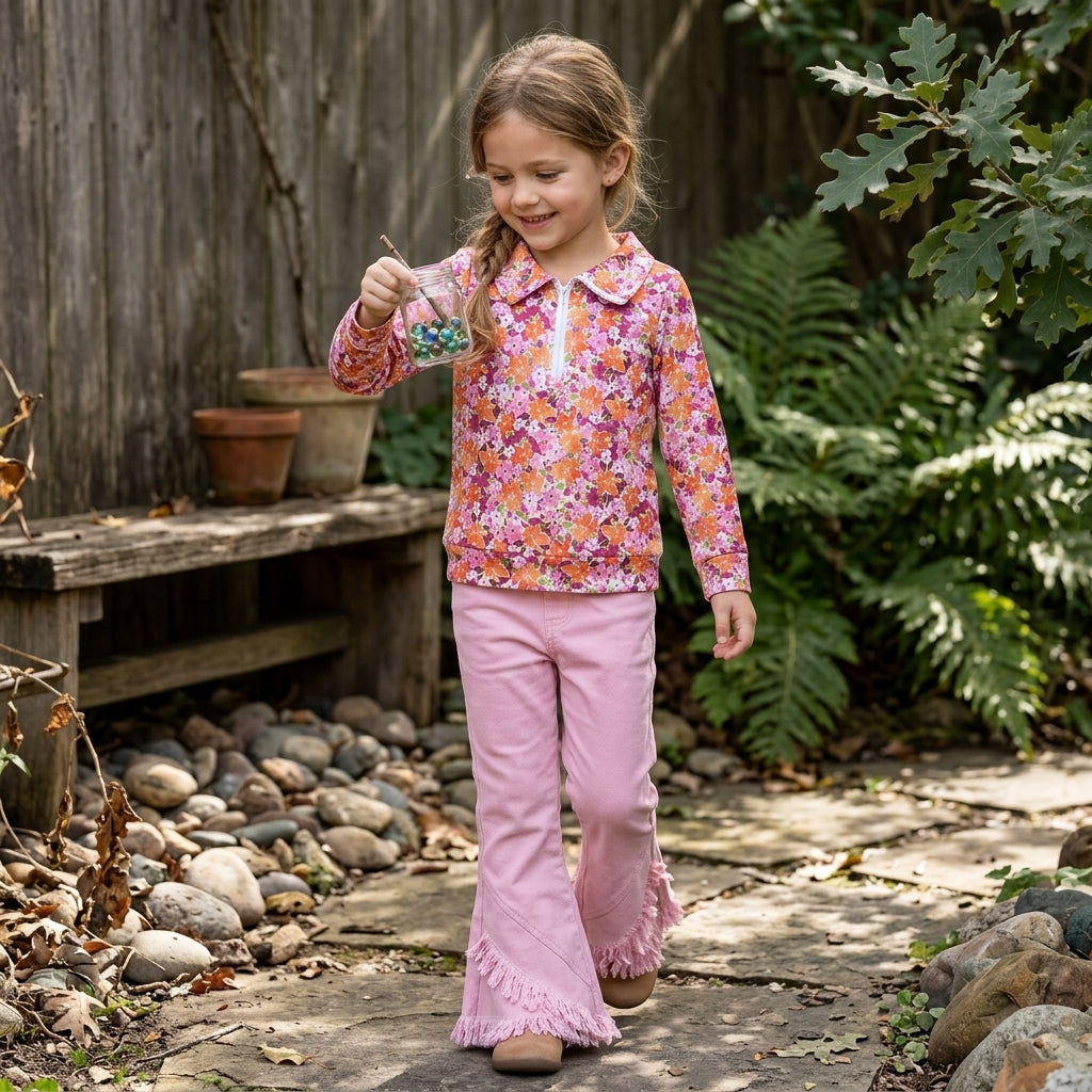NO MOQ RTS GLP3855-bundle Baby Girl Clothes Pink Orange Floral Print Long Sleeve Half Zip Collar Top Pink Fringe Denim Flare Pant Outfit 202609