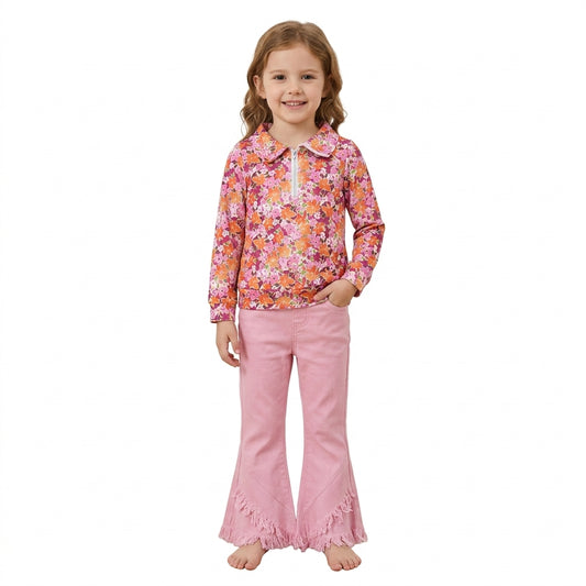 NO MOQ RTS GLP3855-bundle Baby Girl Clothes Pink Orange Floral Print Long Sleeve Half Zip Collar Top Pink Fringe Denim Flare Pant Outfit 202609